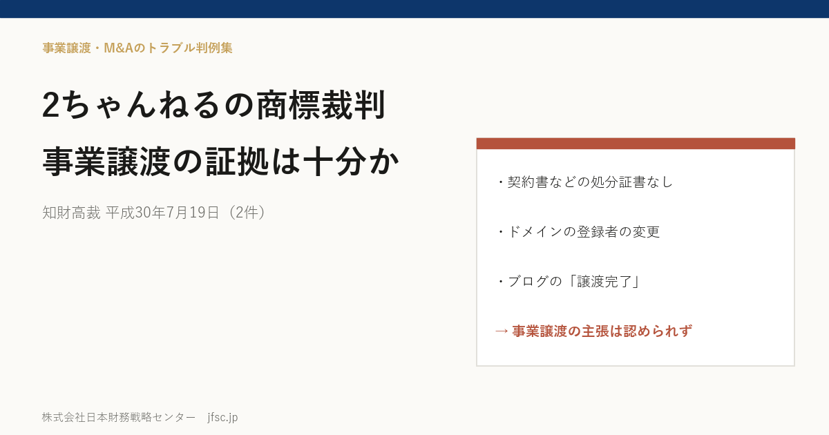 2ちゃんねるの商標裁判｜事業譲渡の証拠としてドメイン移転や「譲渡完了」の記載は十分か（知財高裁 2018）