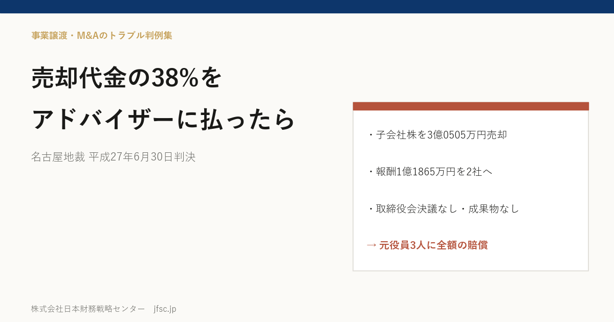 子会社株式の売却でアドバイザーに代金の約38%を払ったら――取締役会決議のない業務委託と元役員の責任（名古屋地裁 平成27年6月30日判決）