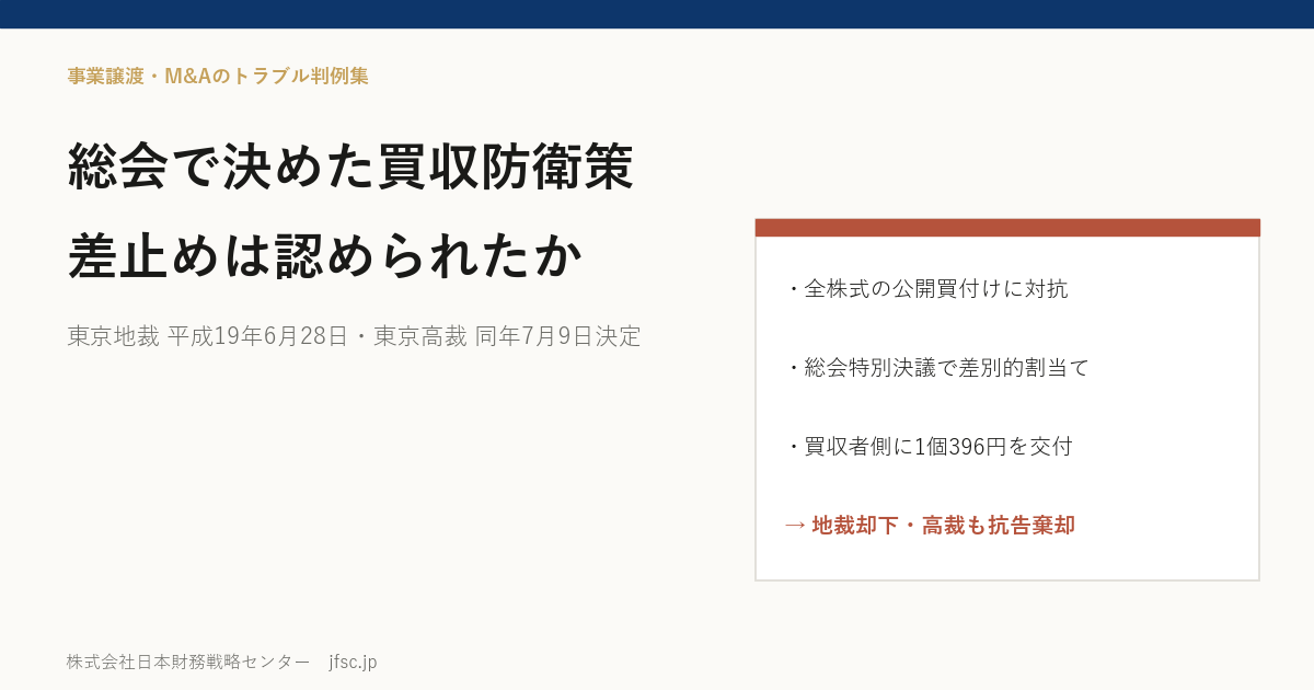 株主総会で決めた買収防衛策は差し止められるか――ブルドックソースとスティール・パートナーズの仮処分決定（東京地裁 平成19年6月28日・東京高裁 平成19年7月9日）
