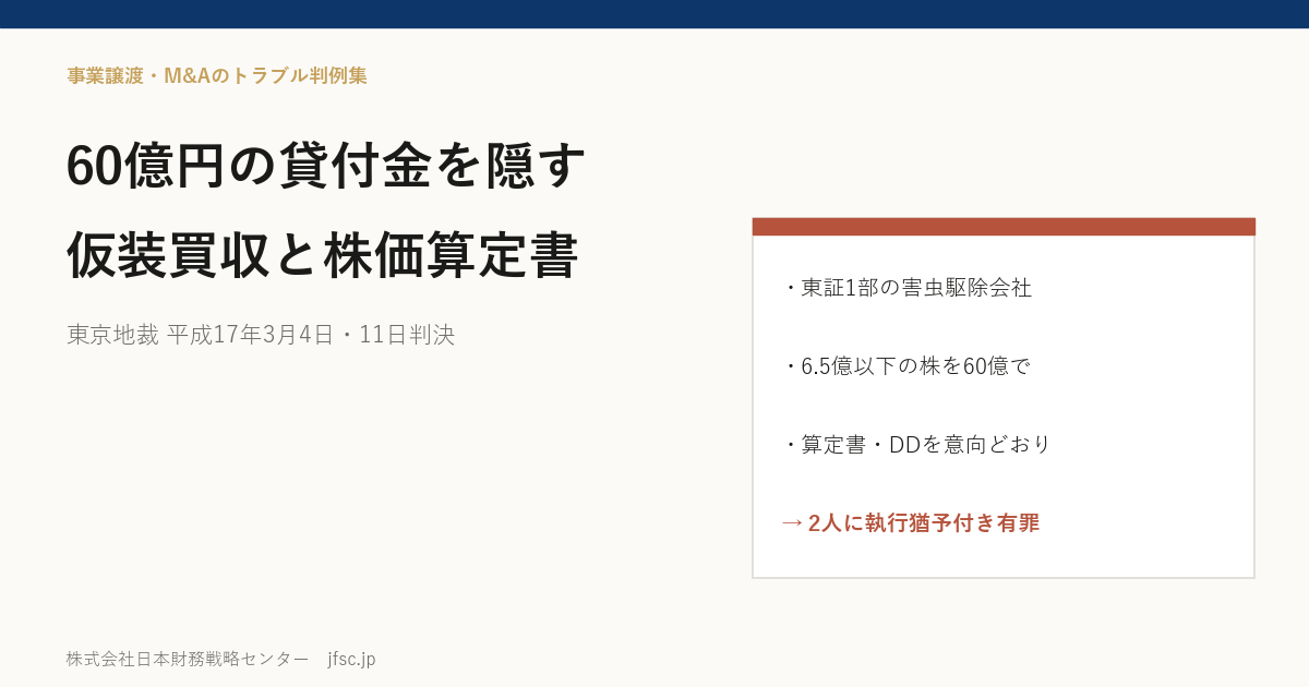 60億円の貸付金を隠すための仮装買収――株価算定書と財務DD報告書を意向に沿って作らせた刑事事件（東京地裁 平成17年3月4日・11日判決）