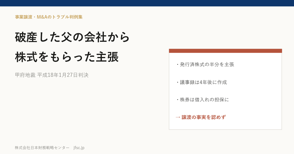 破産した父の会社から株式を譲り受けたという主張は認められるか――議事録・贈与税・担保・決算書類から判断した甲府地裁 平成18年1月27日判決