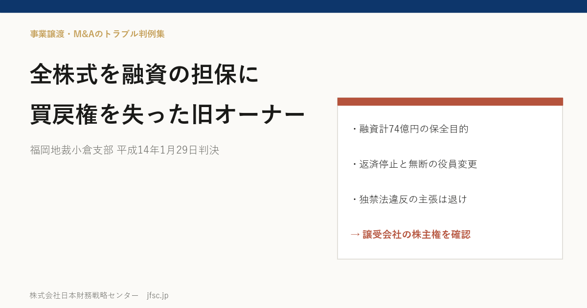 融資の担保に全株式を買戻し特約付きで譲ったら、返済停止で買戻権を失った――ホテル会社とパチンコ会社の旧オーナーをめぐる福岡地裁小倉支部 平成14年1月29日判決