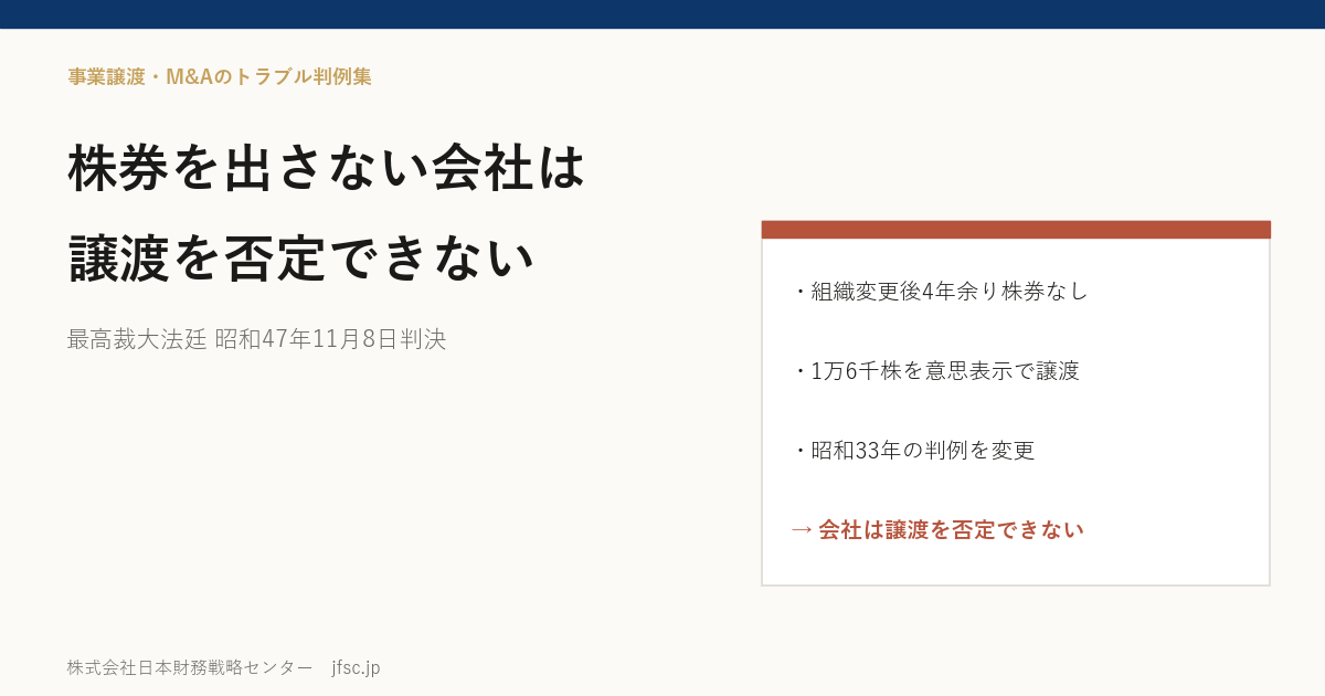 会社が株券の発行を不当に遅らせていたら、株券のない譲渡は否定できない――最高裁大法廷 昭和47年11月8日判決とその後の判決