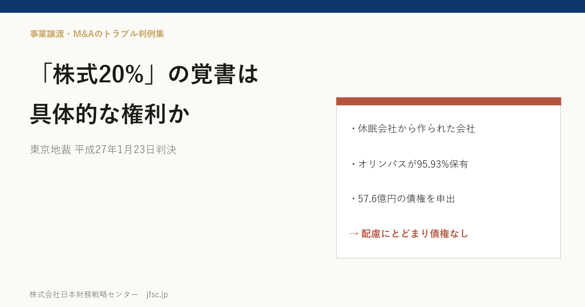 「株式の20%を持たせる」覚書は具体的な権利か――オリンパスが取得した会社の特別清算と発明者側の債権をめぐる東京地裁 平成27年1月23日判決