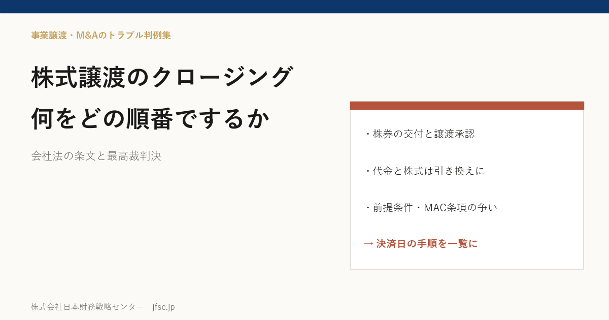株式譲渡のクロージング(決済日)は何をどの順番でするか――株券の交付・譲渡承認・代金の支払・前提条件で裁判になった点を判決で確かめる