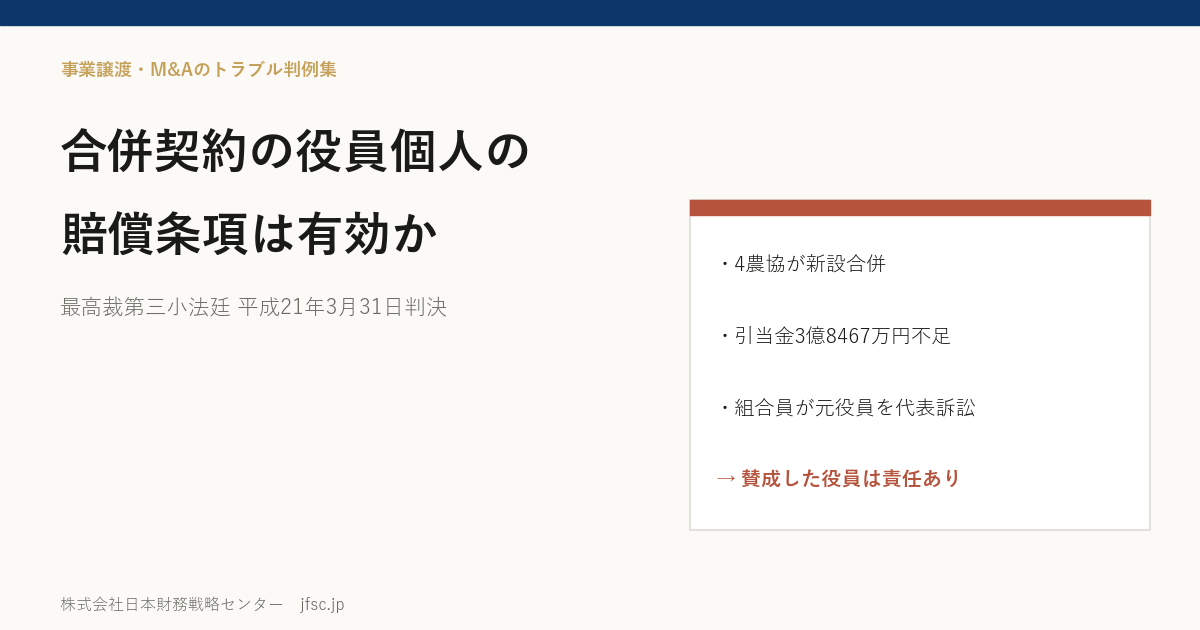 合併契約の「各個人の資格において連帯して賠償の責に任ずる」条項――財務書類に誤りがあったとき、契約の当事者でない元役員は責任を負うか（農協の合併・最高裁 平成21年3月31日判決）