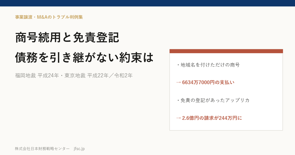 商号続用と免責登記の3判決｜債務を引き継がないと定めた事業譲渡で、譲受会社への請求はどう扱われたか（福岡地裁 2012・東京地裁 2010／2020）
