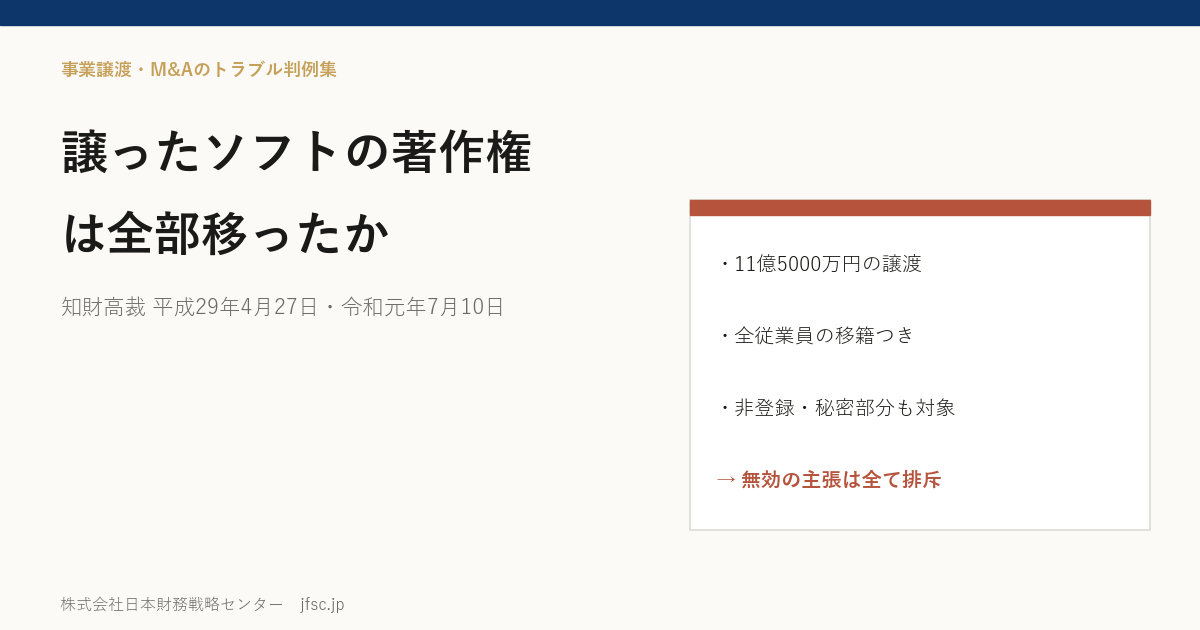 11億5000万円で譲ったソフトウェアの著作権は全部移ったか――全従業員の移籍を含む事業継続支援の合意つきの譲渡をめぐる知財高裁 平成29年4月27日・令和元年7月10日判決