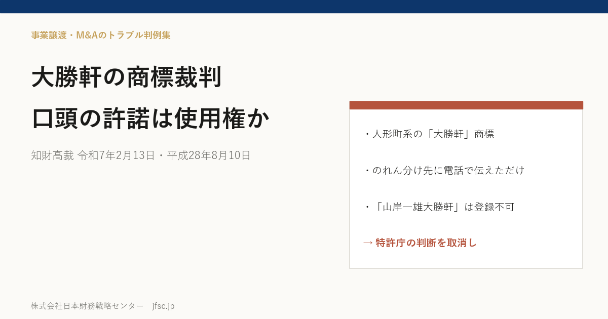 大勝軒の商標裁判｜のれん分け先に口頭で屋号の使用を認めたことは通常使用権の設定といえるか（知財高裁 2025・2016）