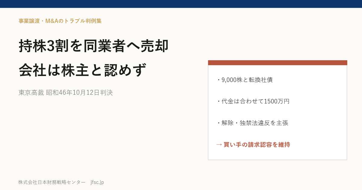 持株の約3割を同業者に売ったら、会社は買い手を株主と認めなかった――タクシー会社の株式譲渡と独占禁止法をめぐる東京高裁 昭和46年10月12日判決